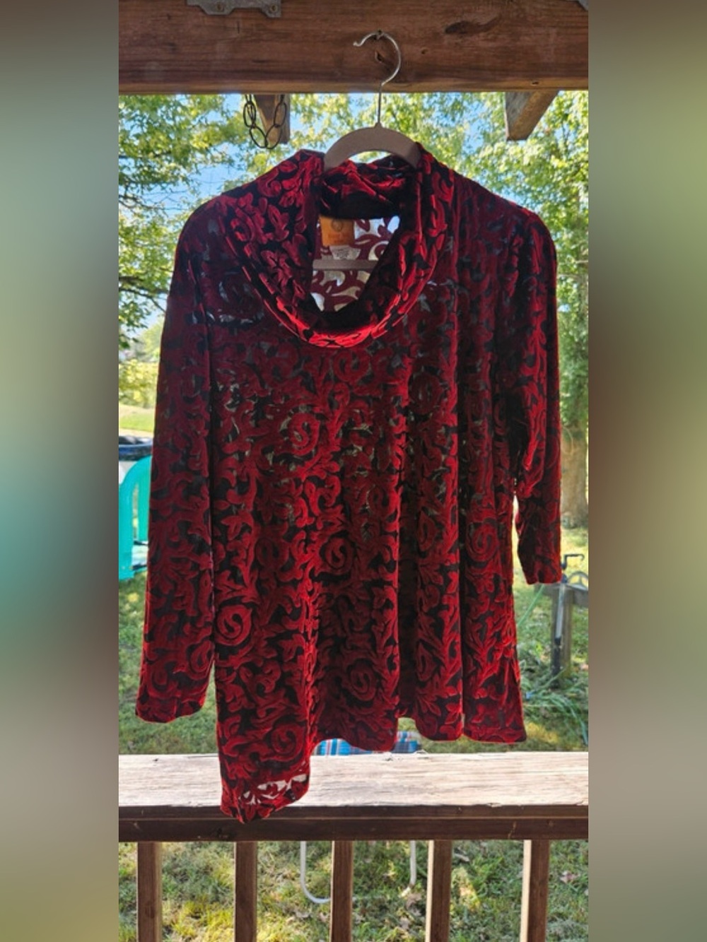 Ruby Rd Velvet Burnout Cowl Neck Top Red Black Floral Blouse Whimsigoth PL